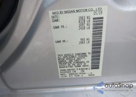 2019 Nissan Altima 2.5 S z USA, uszkodzony, nr VIN 1N4BL4BV4KC248081